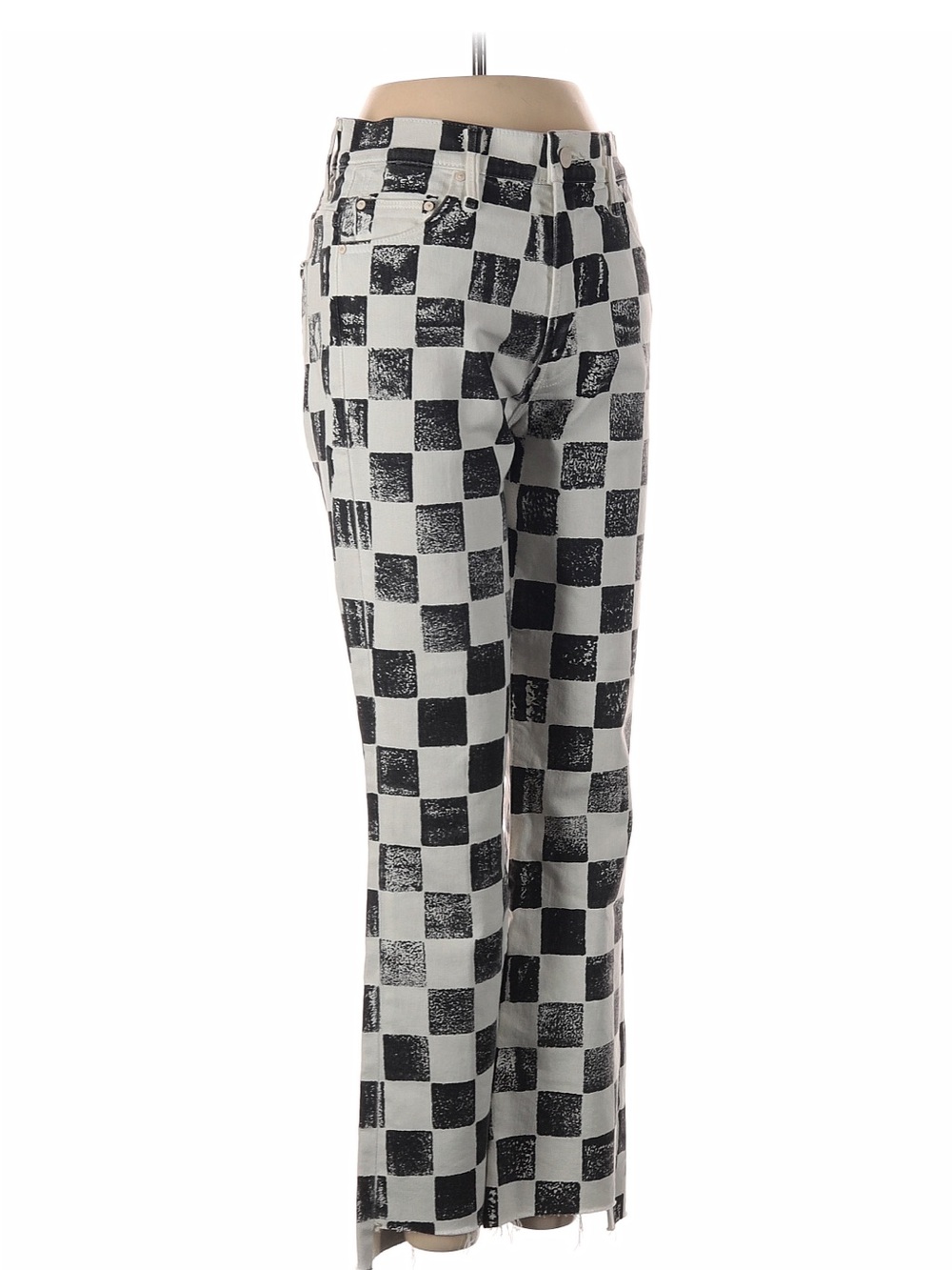 MOTHER Checkerboard Wide Leg Cropped Jeans Black White Size 26 Raw Hem
